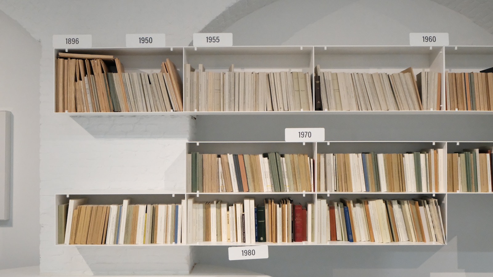 books on white wooden shelf